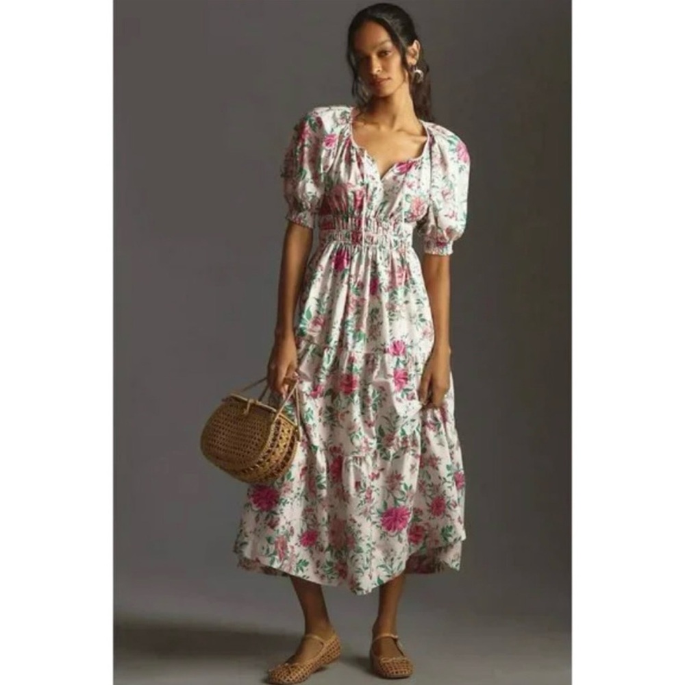 Anthropologie Floral Maxi Dress Pink & White Somerset Dress Large Puff Sleeve